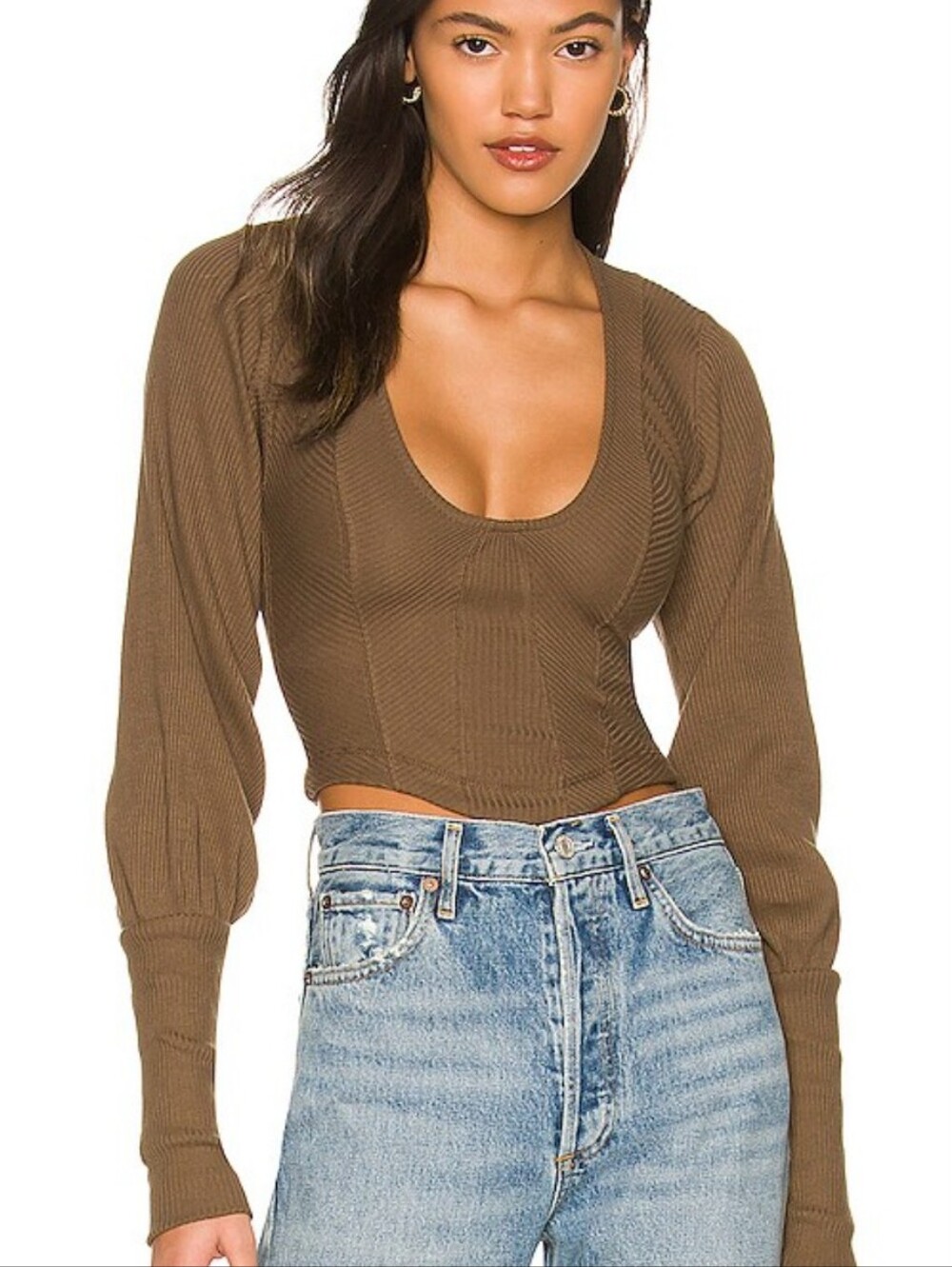 Free People Tortoise Brown Ribbed Scoop-Neck Crop Top Size XS